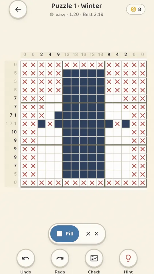 Dragging a finger across the Almanogram grid to fill squares, with a counter showing how many