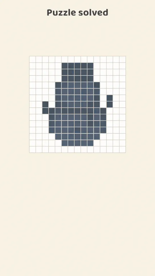 A solved Almanogram puzzle turning from pixels into a snowman sticker that is added to the collection