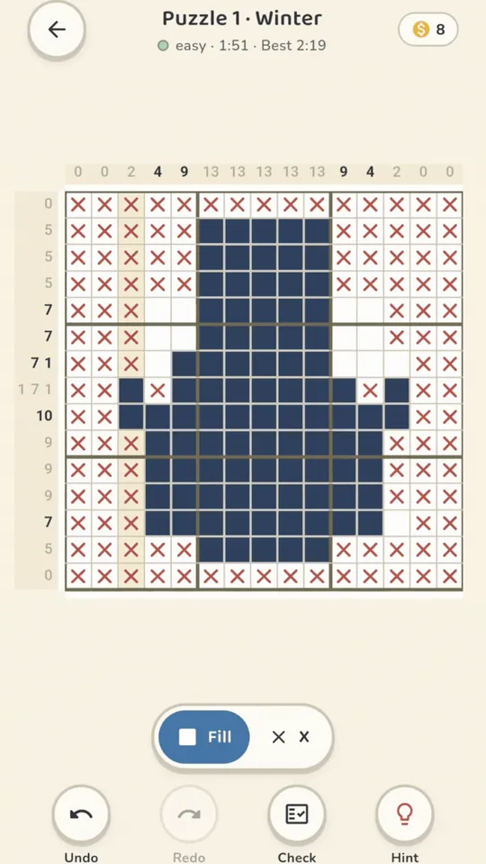 Using a hint in Almanogram: a column is highlighted and its squares are filled in