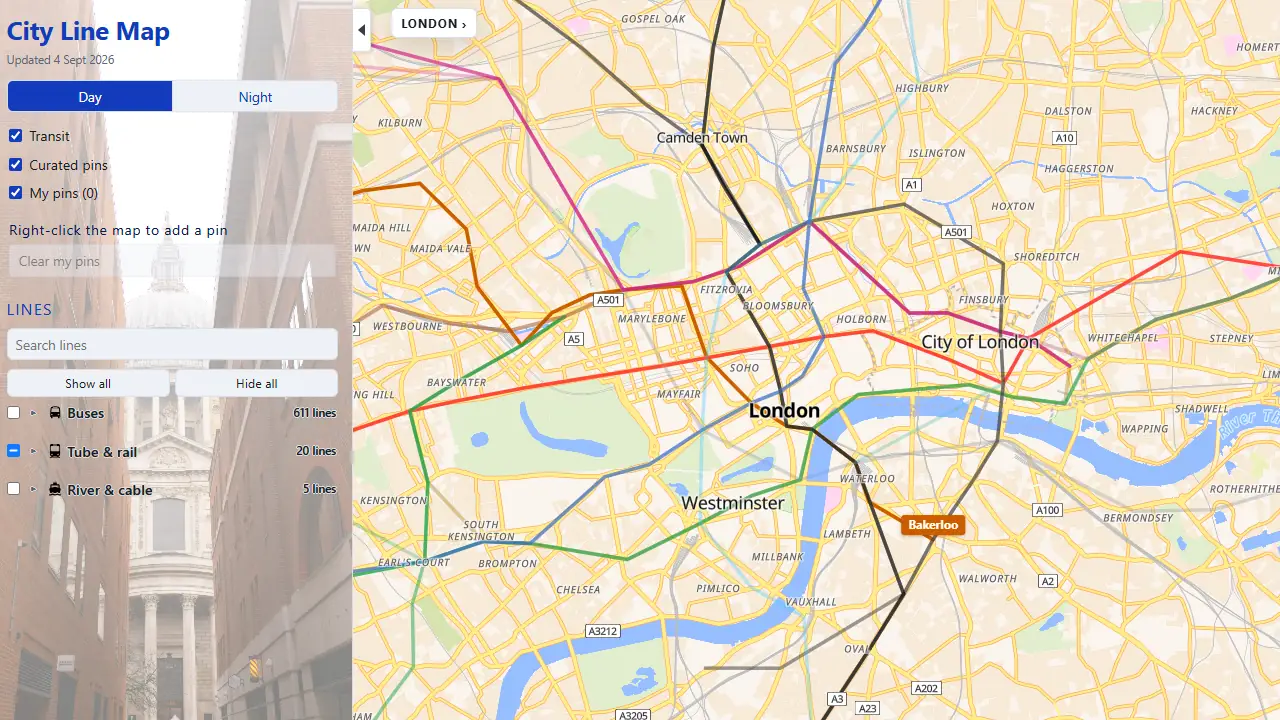 City Line Map showing London Underground, buses and river services on a geographic street map